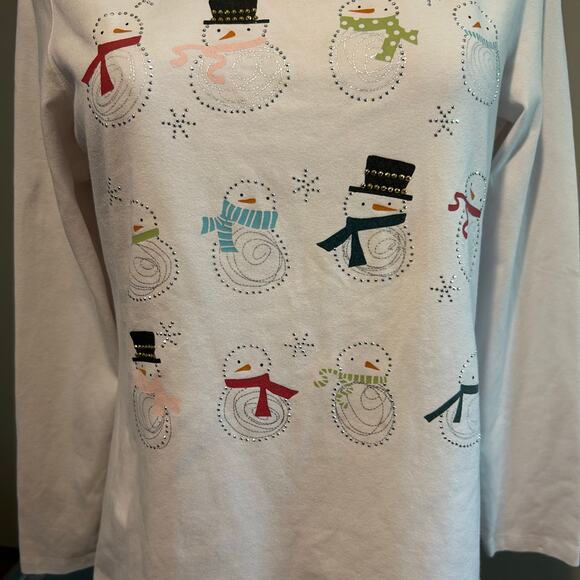 Christopher & Banks Top SZ SM White Christmas Snowmen Sequins Winter Wonderland - Picture 4 of 10